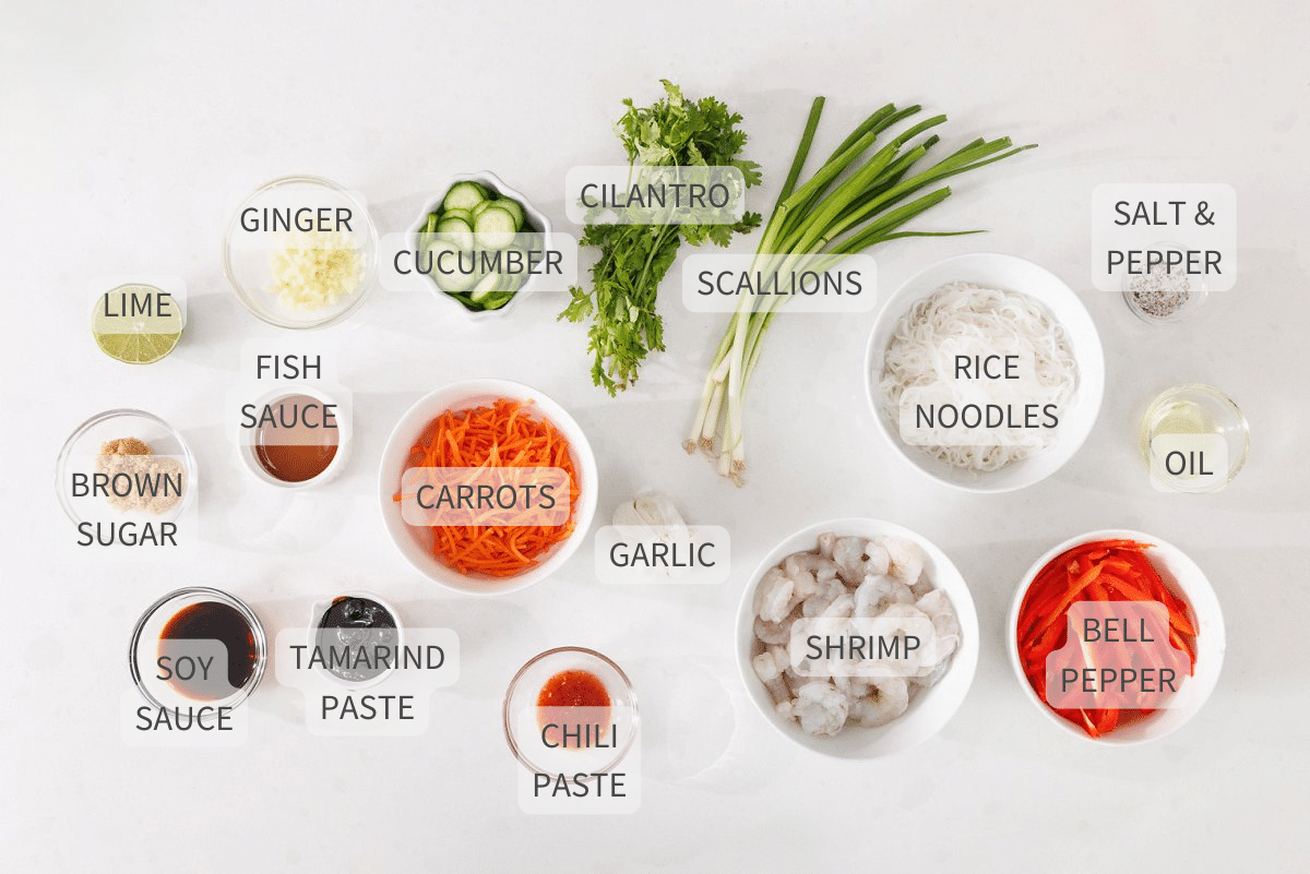 Labeled ingredients on a white counter.